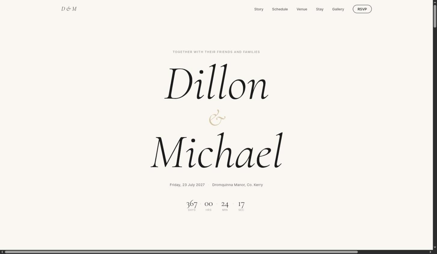 Dillon & Michael wedding homepage showing the hero section