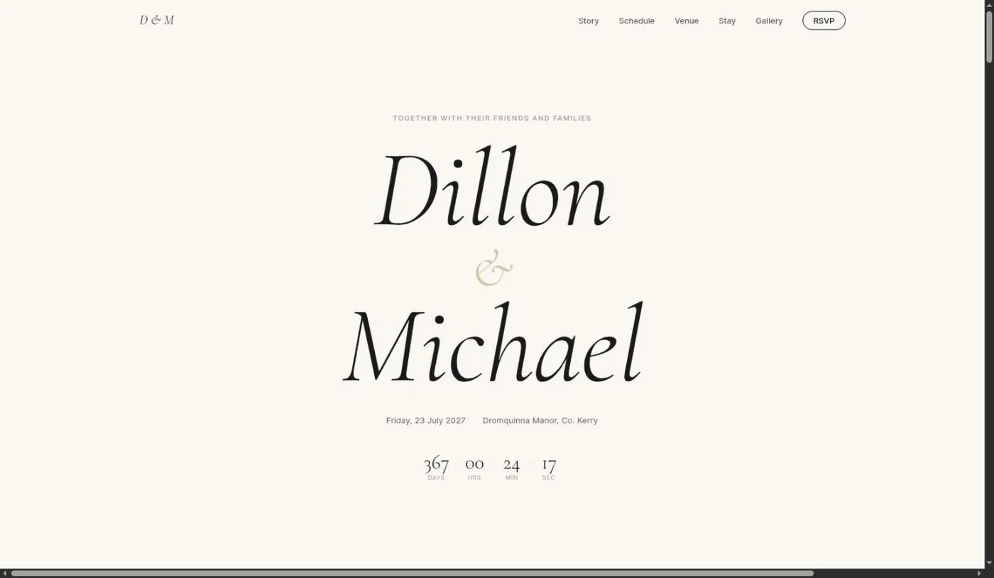 Dillon & Michael wedding homepage showing the hero section