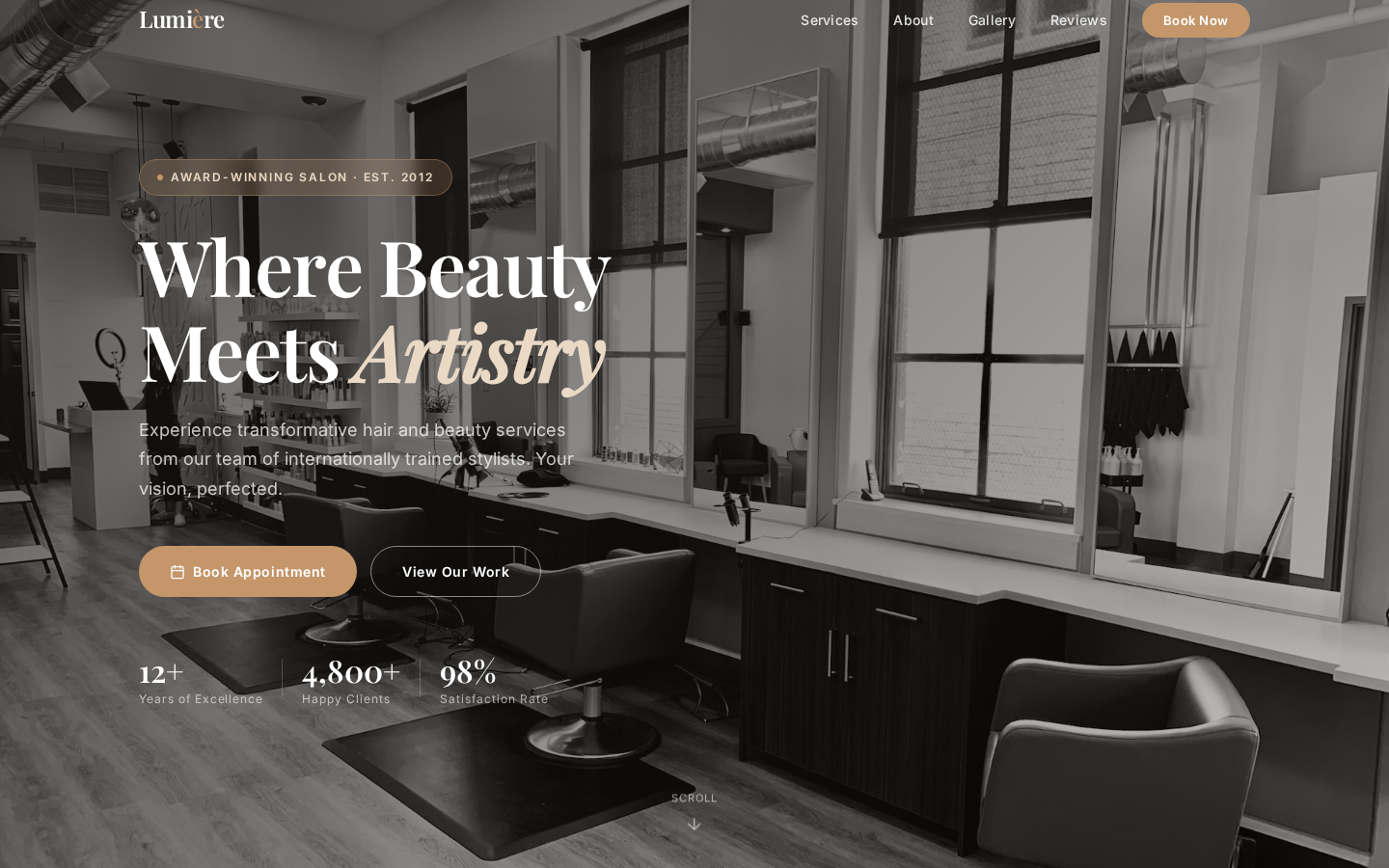 Lumière salon homepage showing the hero section