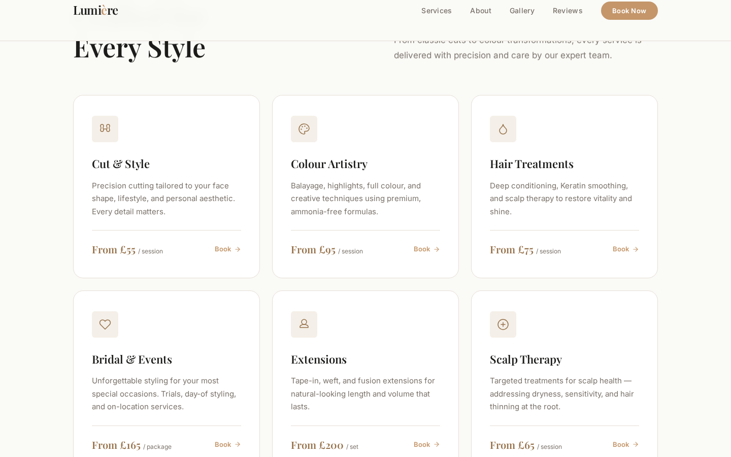 Lumière salon services page showing treatments and pricing