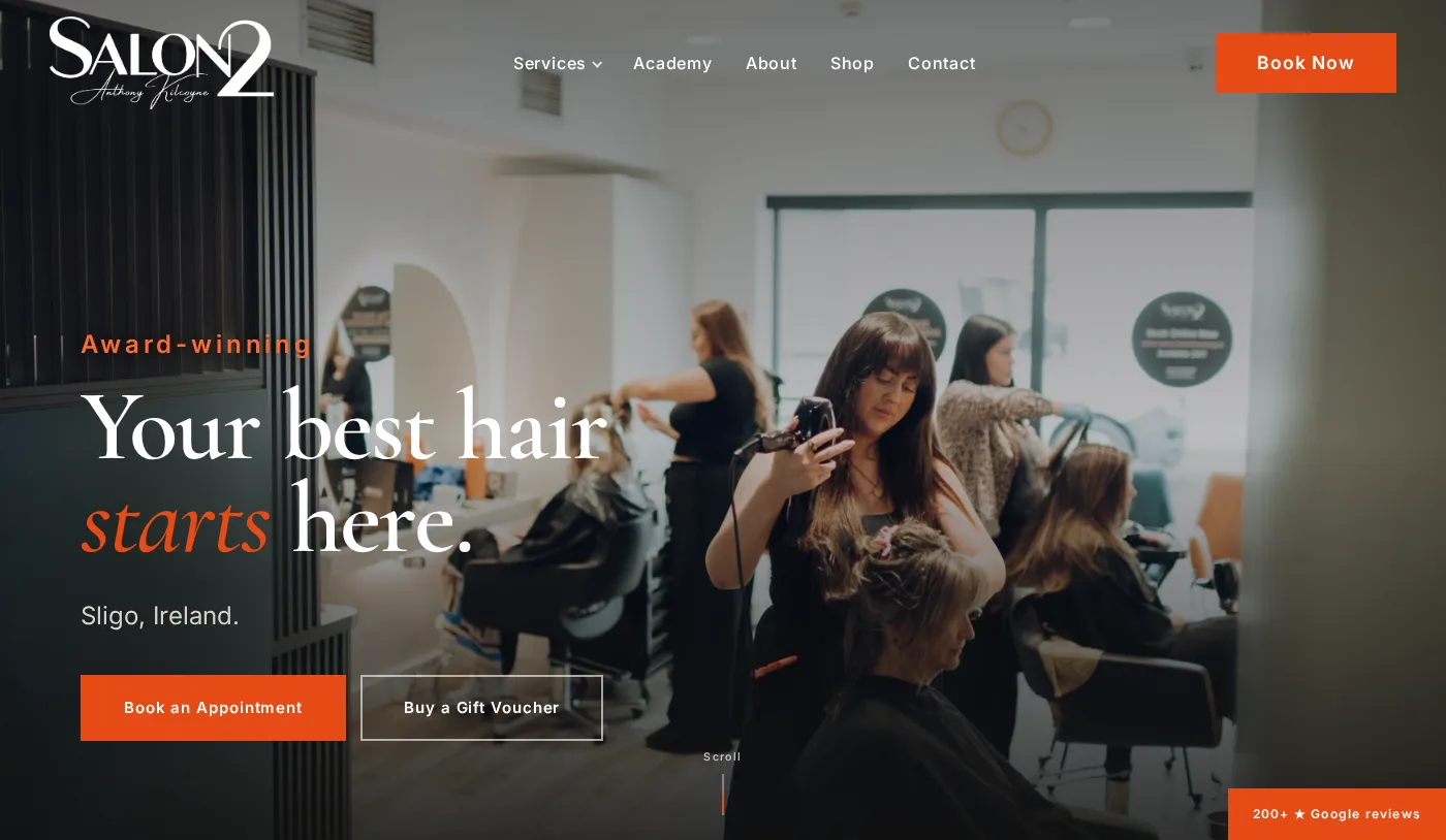Salon 2 homepage showing the hero section